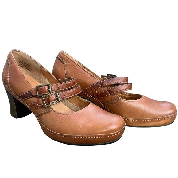 Clarks Shoes - Clarks Artisan Leather Double Strap Buckle Mary Janes Cognac Brown Sz 7